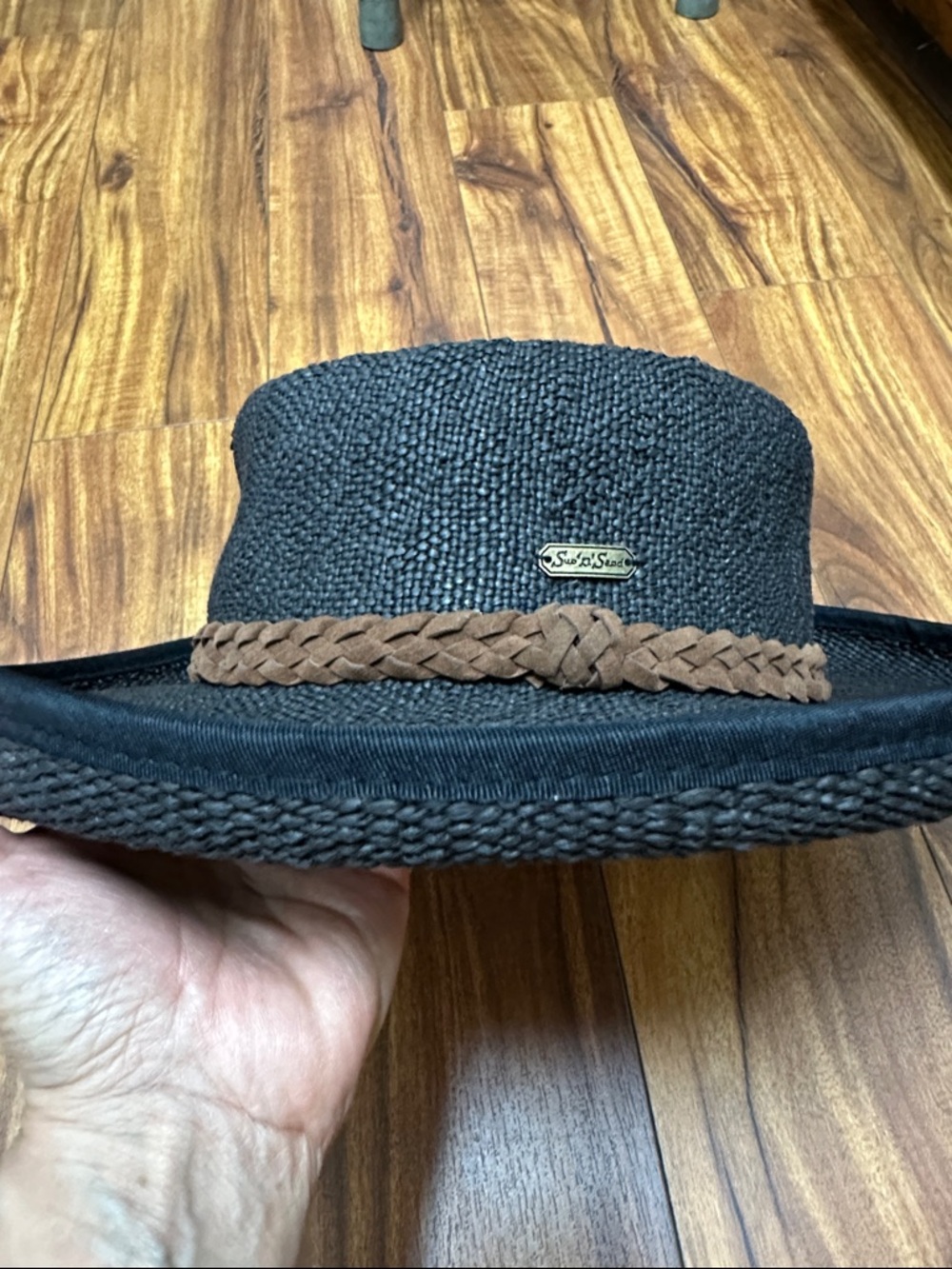 Sun N Sand Black Straw Hat SPF 50 with Brown Braided Band